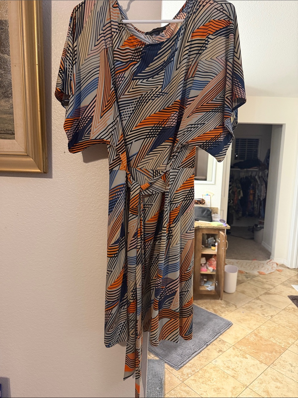 BCBGMaxAzria Geometric Midi Dress in Navy, Orange, Cream